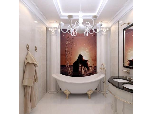 Стеклянная стена с фотопечатью в ванной комнате: фото