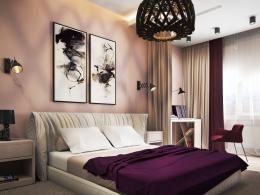 Двухцветная спальня с большой люстрой