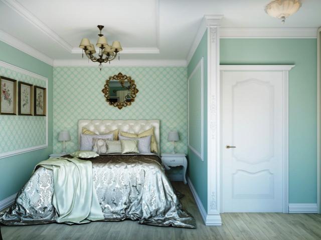 Маленькая спальня в светло-голубом цвете с прегородкой: фото