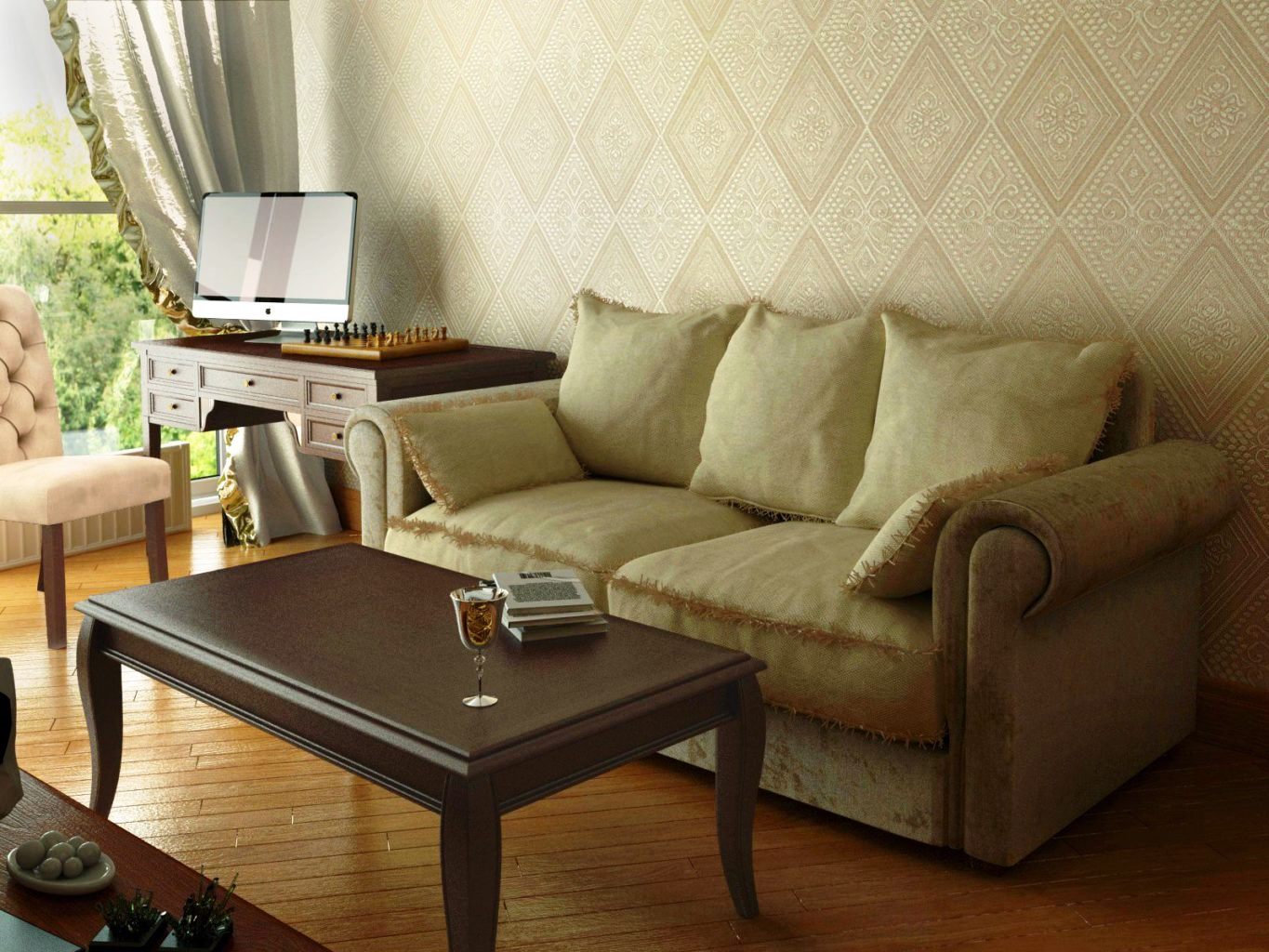 Зона отдыха с диваном и коричневым журнальным столиком В центре зоны отдыха стоит коричневый деревянный журнальный столик  прямоугольной формы. Небольшой диван с мягкими подушками.