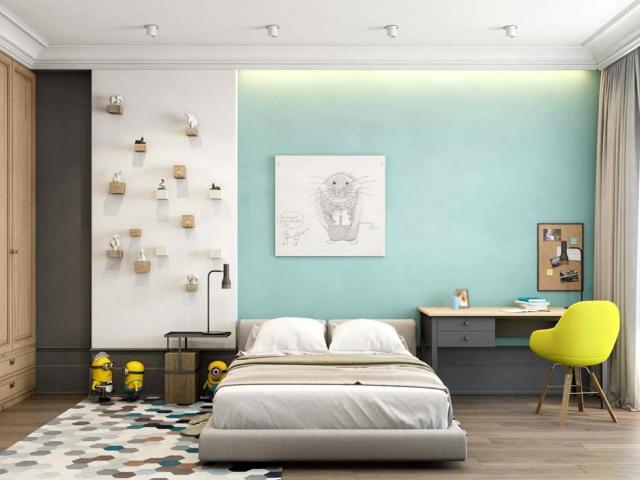 Бело-бирюзовые стены в спальне подростка: фото