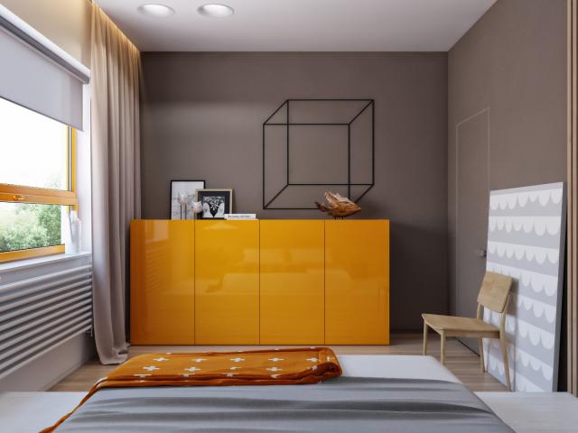 Интерьер маленькой спальни в коричнево-оранжевом цвете: фото
