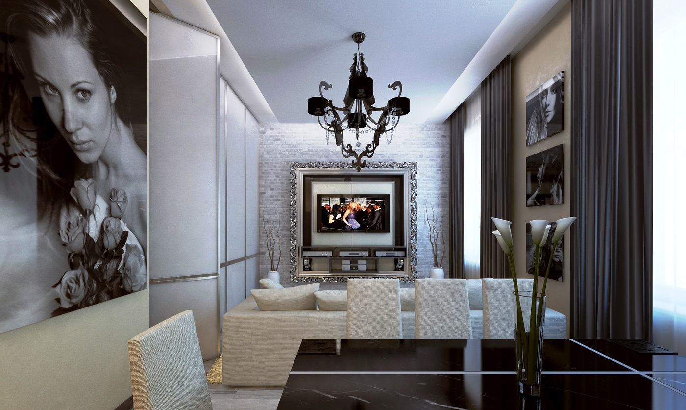 Двухуровневый парящий потолок в гостиной Великолепно дополняет интерьер гостиной двухуровневый парящий потолок белого цвета с большой люстрой черного цвета.