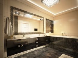 Большая черно-белая ванная комната с люстрой