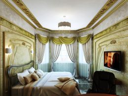 Дизайн стен в классической спальне с эркером