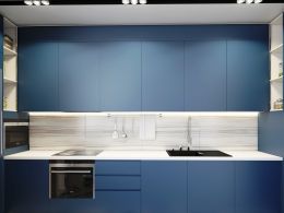 Дизайн прямой кухни синего цвета