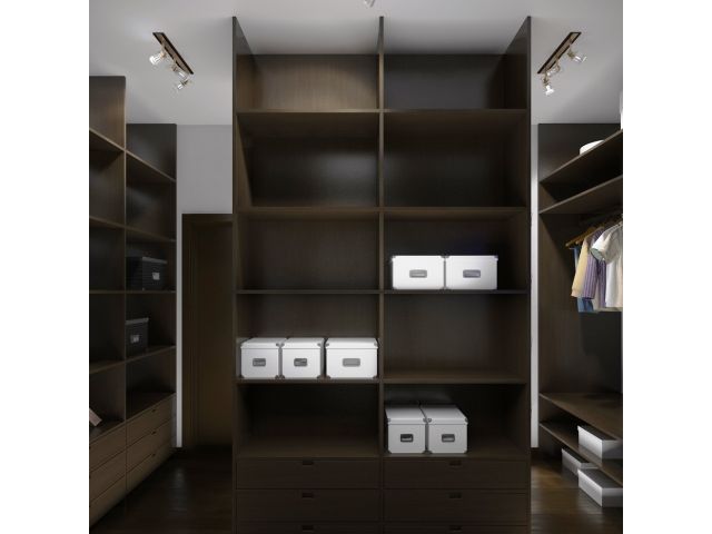 Большая гардеробная с коричневыми шкафами: фото