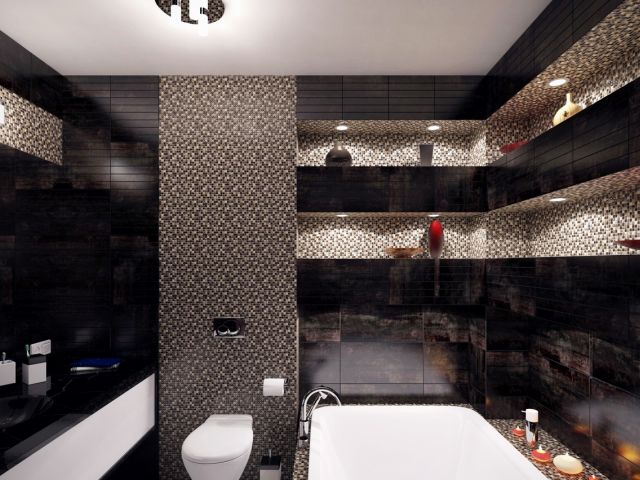 Темная ванная комната с нишами в стенах: фото