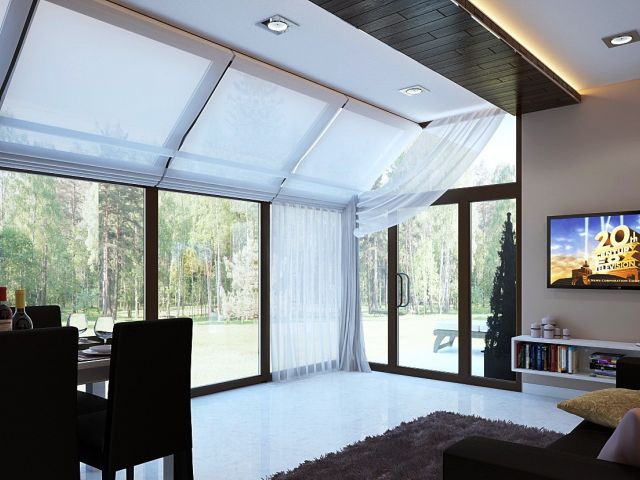 Стеклянный наклонный потолок в интерьер гостиной: фото