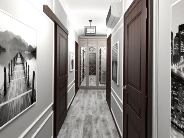 Дизайн серого коридора с коричневыми дверями: фото