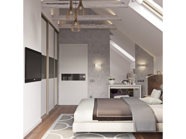 Наклонный потолок с балками в спальне: фото