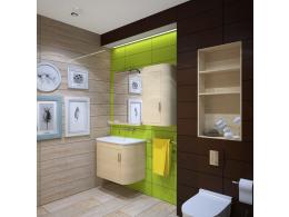 Дизайн туалета небольшого размера с яркой стеной в квартире
