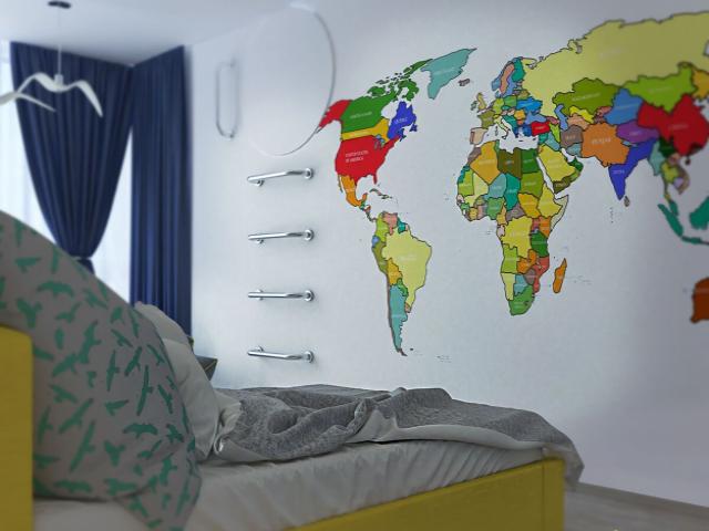 Стена белого цвета с цветной картой мира в детской комнате: фото